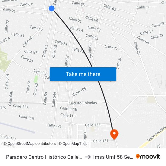 Paradero Centro Histórico Calle 67a Por 62 Y 64, Centro to Imss Umf 58 Serapio Rendón map