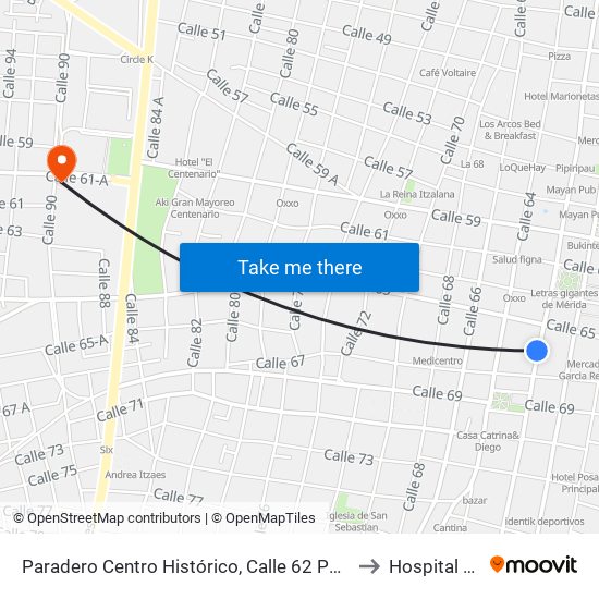 Paradero Centro Histórico,  Calle 62 Por 65 Y 67,Centro to Hospital Militar map