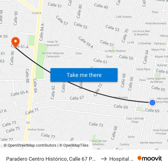 Paradero Centro Histórico, Calle 67 Por 62 Y 60, Centro to Hospital Militar map