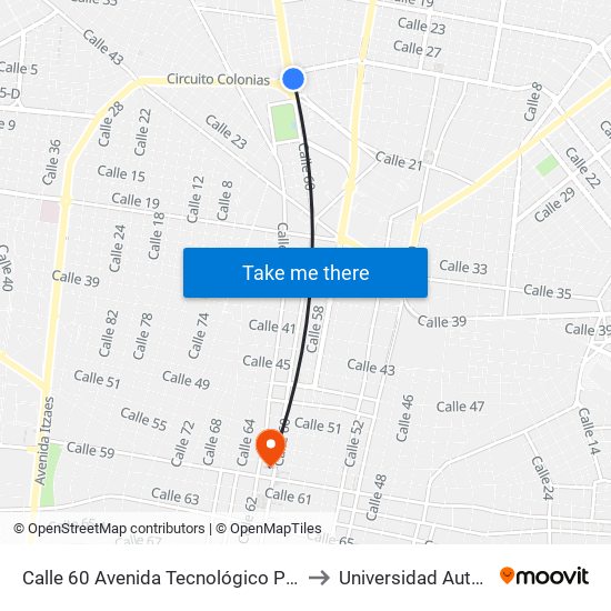 Calle 60 Avenida Tecnológico Por Circuito Colonias, Buenavista to Universidad Autónoma De Yucatán map