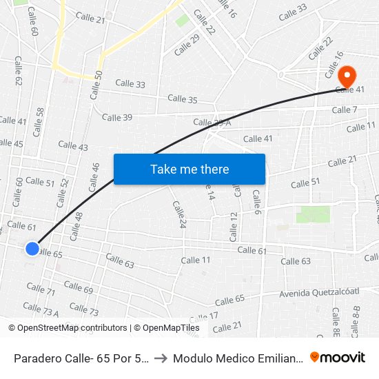 Paradero Calle- 65 Por 56 Y 54 Centro to Modulo Medico Emiliano Zapata Ote. map