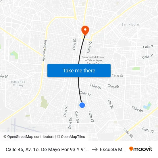 Calle 46, Av. 1o. De Mayo Por 93 Y 91, Santa Rosa to Escuela Modelo map