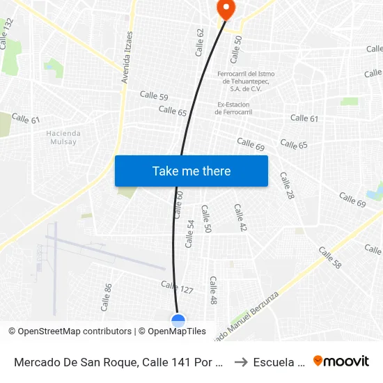 Mercado De San Roque, Calle 141 Por 50 Y 52, San José Tecoh to Escuela Modelo map