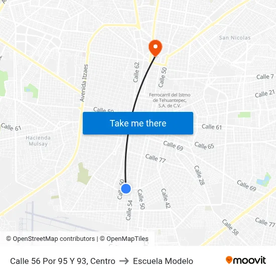 Calle 56 Por 95 Y 93, Centro to Escuela Modelo map