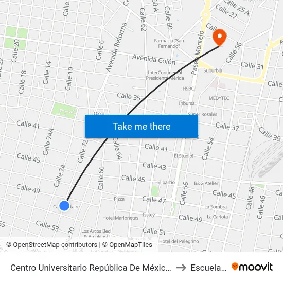 Centro Universitario República De México, Calle 72 Por 51 Y 49, Centro to Escuela Modelo map