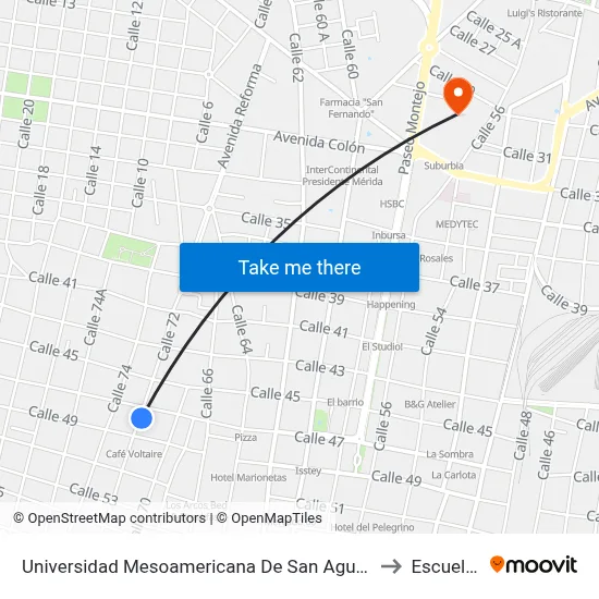 Universidad Mesoamericana De San Agustín Umsa, Calle 72 Por 49 Y 47, Centro to Escuela Modelo map