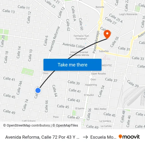 Avenida Reforma, Calle 72 Por 43 Y 41, Centro to Escuela Modelo map