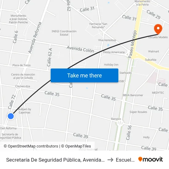 Secretaría De Seguridad Pública, Avenida Reforma, Calle 72 Por 39 Y 37, Centro to Escuela Modelo map