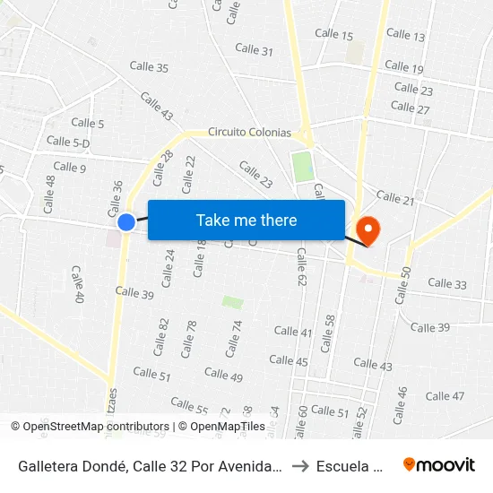 Galletera Dondé, Calle 32 Por Avenida Miguel Hidalgo to Escuela Modelo map