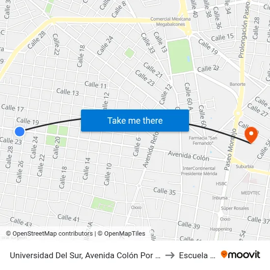 Universidad Del Sur, Avenida Colón Por 28 Y 26a, García Ginerés to Escuela Modelo map