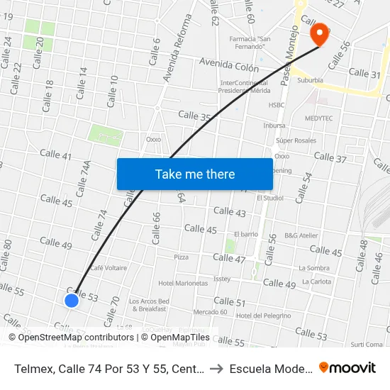 Telmex, Calle 74 Por 53 Y 55, Centro to Escuela Modelo map