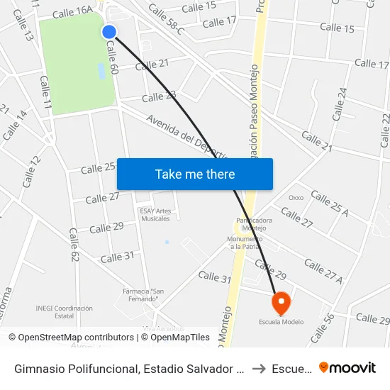 Gimnasio Polifuncional, Estadio Salvador Alvarado. Calle 60 Por 21 Y 19, Colonia Yucatán to Escuela Modelo map