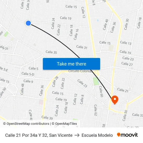 Calle 21 Por 34a Y 32, San Vicente to Escuela Modelo map