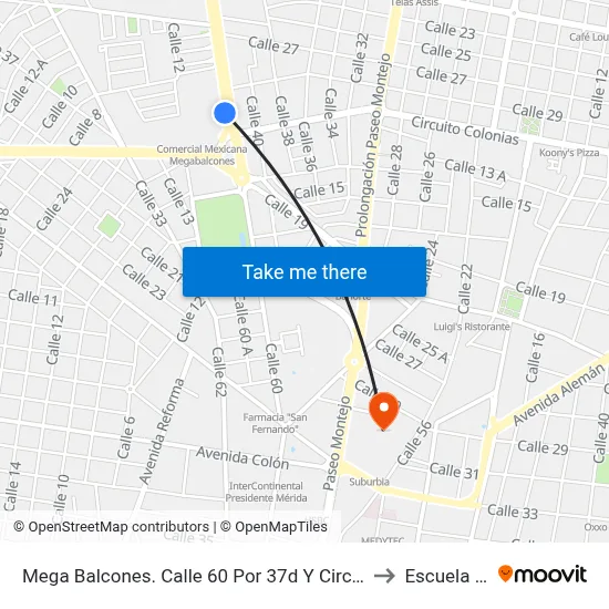 Mega Balcones. Calle 60 Por 37d Y Circuito Colonias, Buenavista to Escuela Modelo map
