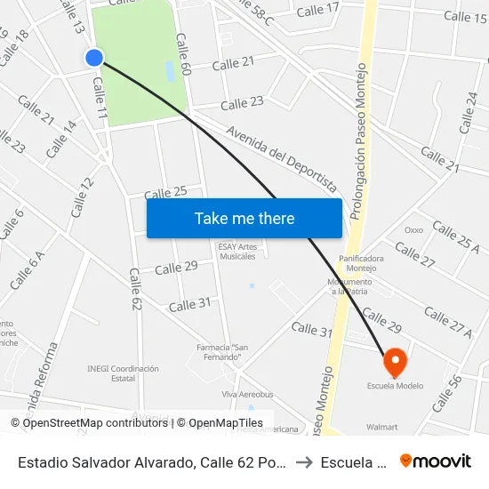 Estadio Salvador Alvarado, Calle 62 Por 16, Colonia Yucatán to Escuela Modelo map