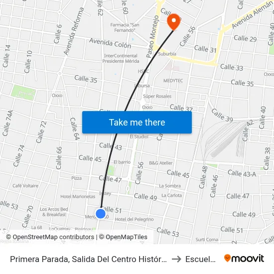 Primera Parada, Salida Del Centro Histórico, Calle 60 Por 53 Y 51, Centro to Escuela Modelo map
