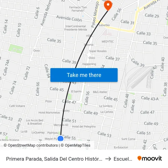 Primera Parada, Salida Del Centro Histórico, Calle 60 Por 57 Y 55, Centro to Escuela Modelo map