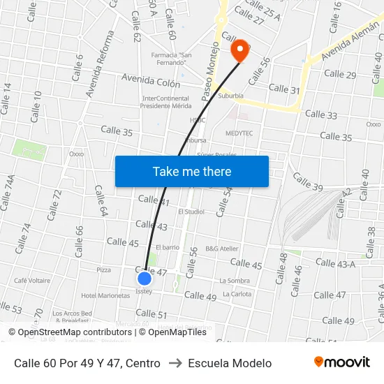 Calle 60 Por 49 Y 47, Centro to Escuela Modelo map