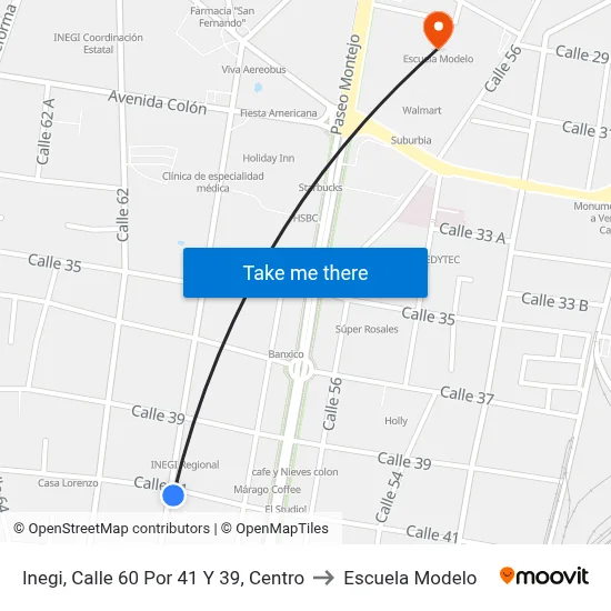 Inegi, Calle 60 Por 41 Y 39, Centro to Escuela Modelo map