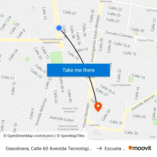 Gasolinera, Calle 60 Avenida Tecnológico Por 29 Y 27, Buenavista to Escuela Modelo map