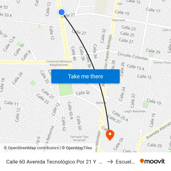 Calle 60 Avenida Tecnológico Por 21 Y  21a, Fraccionamiento Campestre to Escuela Modelo map