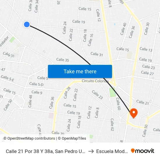Calle 21 Por 38 Y 38a, San Pedro Uxmal to Escuela Modelo map
