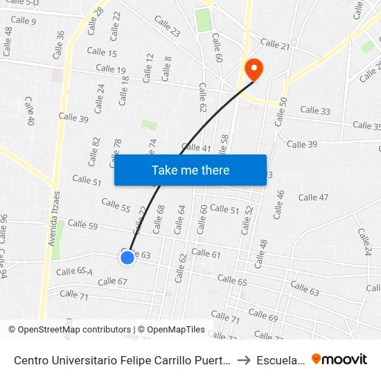 Centro Universitario Felipe Carrillo Puerto, Calle 65 Por 70 Y 72, Centro to Escuela Modelo map