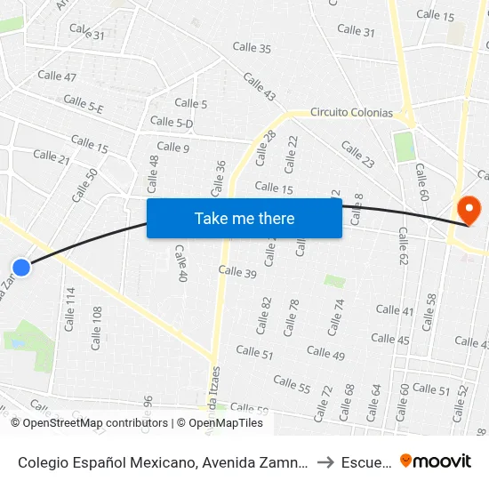 Colegio Español Mexicano, Avenida Zamná, Calle 61a Por 61, Fraccionamiento Yucalpetén to Escuela Modelo map