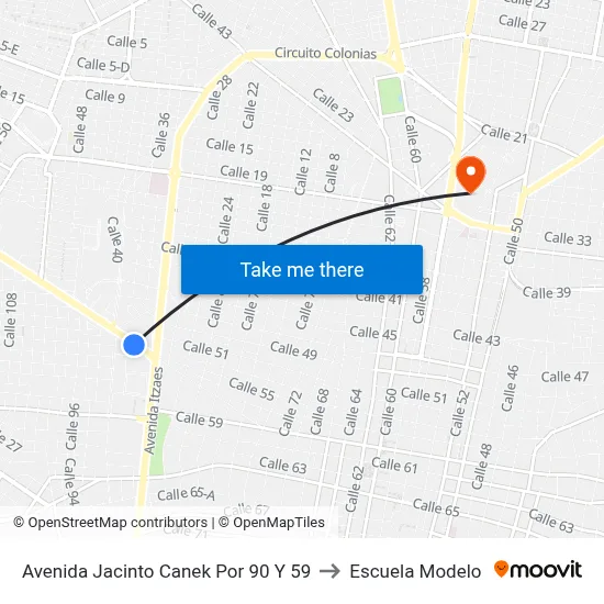Avenida Jacinto Canek Por 90 Y 59 to Escuela Modelo map