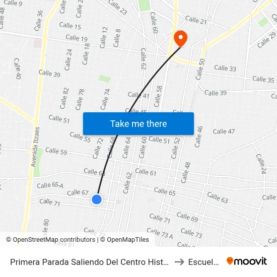 Primera Parada Saliendo Del Centro Histórico, Calle 69 Por 68 Y 70, Centro to Escuela Modelo map