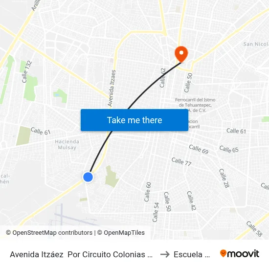 Avenida Itzáez  Por Circuito Colonias Y Calle 94, Obrera to Escuela Modelo map