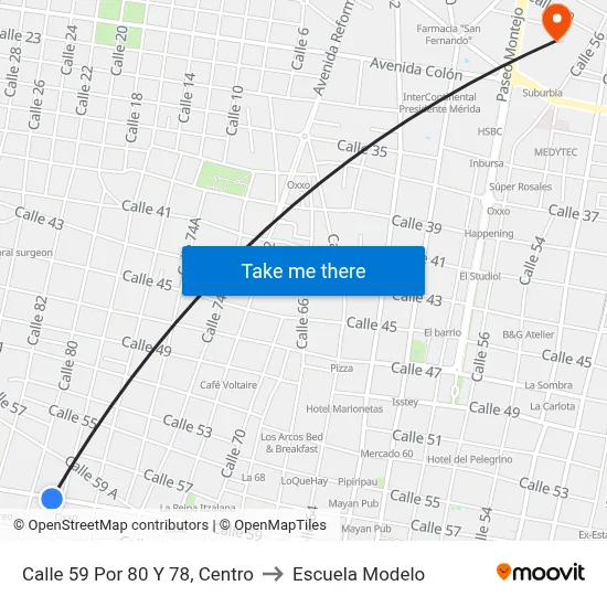 Calle 59 Por 80 Y 78, Centro to Escuela Modelo map