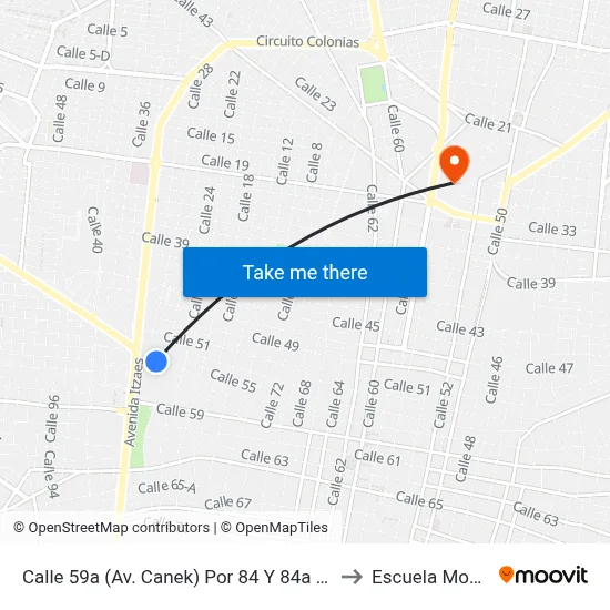 Calle 59a (Av. Canek) Por 84 Y 84a Centro to Escuela Modelo map