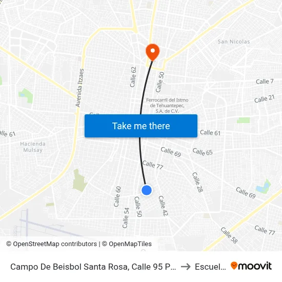 Campo De Beisbol Santa Rosa, Calle 95 Por Avenida 1o. De Mayo Y 46a, Santa Rosa to Escuela Modelo map