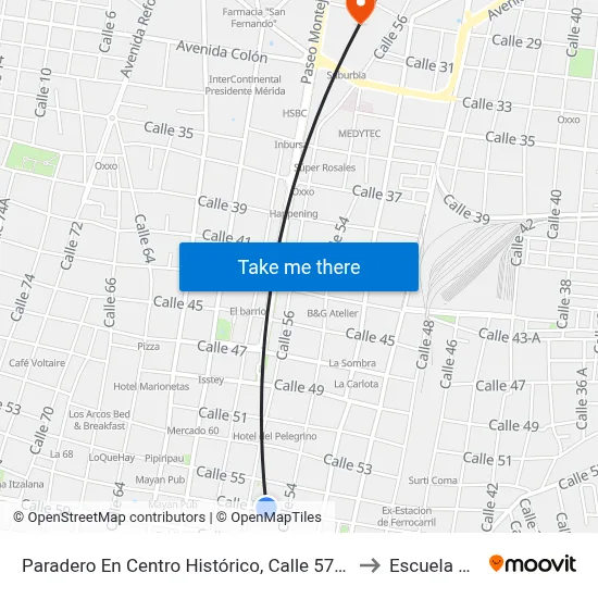 Paradero En Centro Histórico, Calle 57 Por 54 Y 56 Centro to Escuela Modelo map