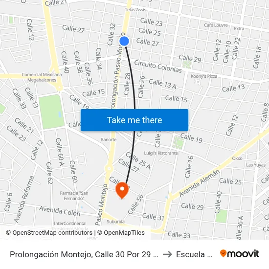 Prolongación Montejo, Calle 30 Por 29 Y 27 Colonia México to Escuela Modelo map