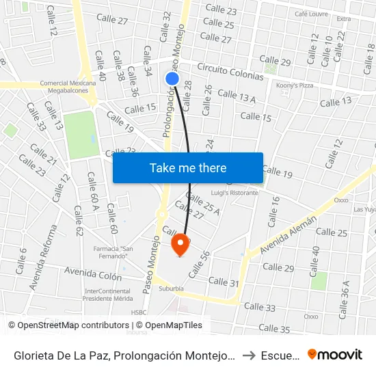 Glorieta De La Paz, Prolongación Montejo Por Circuito Colonias Y  Calle 13, Buenavista to Escuela Modelo map