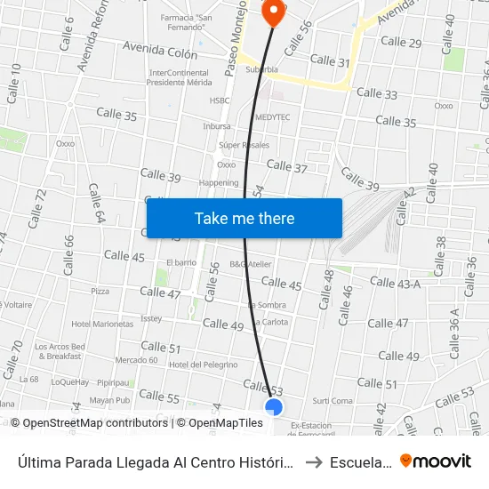 Última Parada Llegada Al Centro Histórico, Calle 50 Por 53 Y 55, Centro to Escuela Modelo map