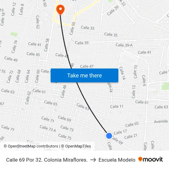 Calle 69 Por 32. Colonia Miraflores. to Escuela Modelo map