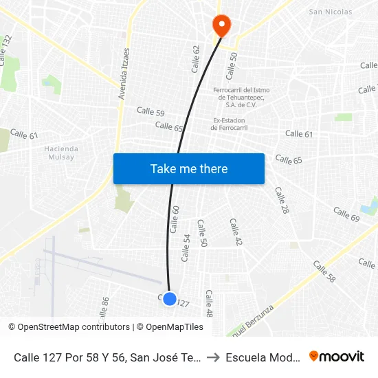 Calle 127 Por 58 Y 56, San José Tecoh to Escuela Modelo map