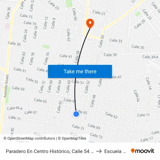 Paradero En Centro Histórico, Calle 54 Por 65 Y 67, Centro to Escuela Modelo map