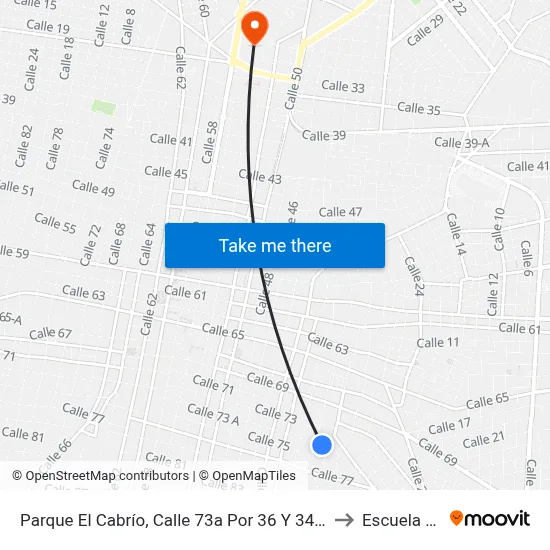 Parque El Cabrío, Calle 73a Por 36 Y 34, Colonia Vicente Solís to Escuela Modelo map