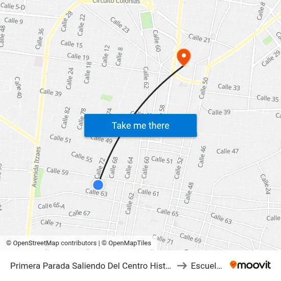 Primera Parada Saliendo Del Centro Histórico, Calle 61 Por 70 Y 72, Centro to Escuela Modelo map