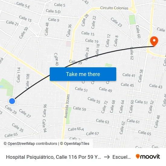 Hospital Psiquiátrico, Calle 116 Por 59 Y 27, Fraccionamiento Yucalpetén to Escuela Modelo map
