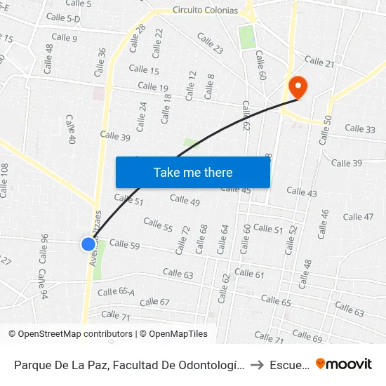 Parque De La Paz, Facultad De Odontología Uady, Calle 61a Por 90 Y Avenida Itzáes, Centro to Escuela Modelo map