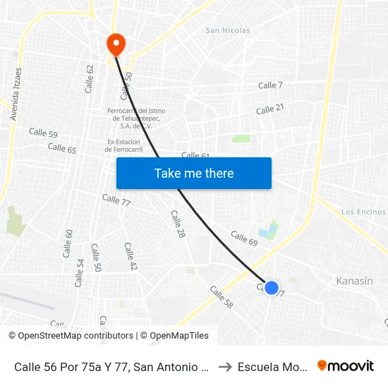 Calle 56 Por 75a Y 77, San Antonio Kaua III to Escuela Modelo map