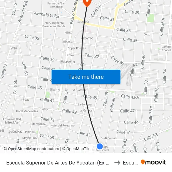 Escuela Superior De Artes De Yucatán (Ex Estación De Trenes), Calle 55 Por 48 Y Avenida 1o. De Mayo, Centro to Escuela Modelo map