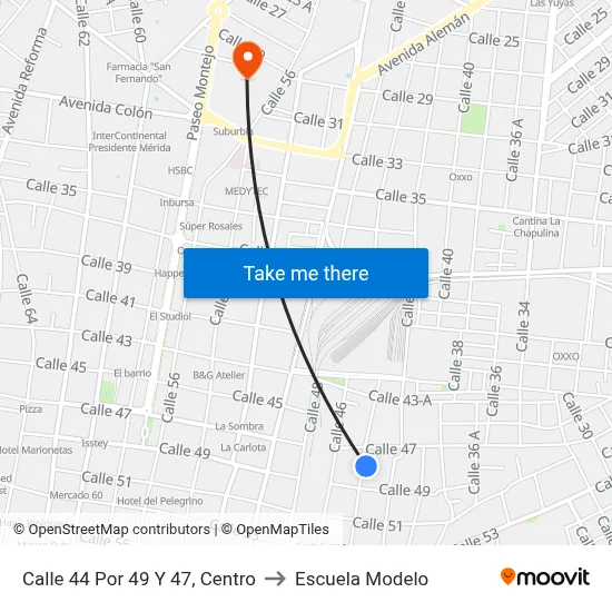 Calle 44 Por 49 Y  47, Centro to Escuela Modelo map