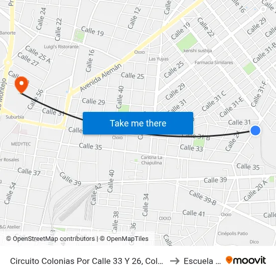 Circuito Colonias Por Calle 33 Y 26, Colonia Adolfo López Mateos to Escuela Modelo map