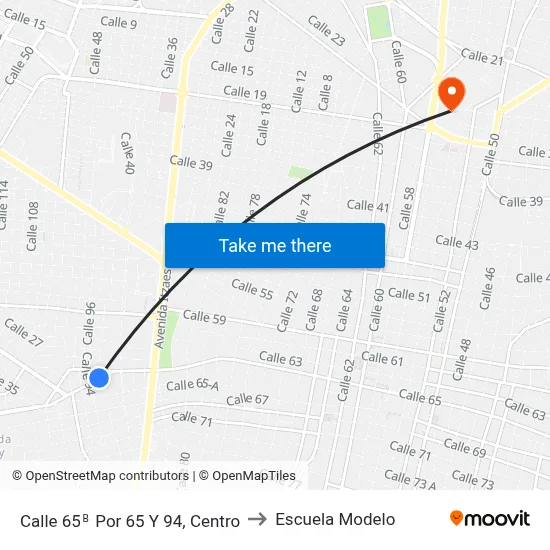 Calle 65ᴮ Por 65 Y 94, Centro to Escuela Modelo map
